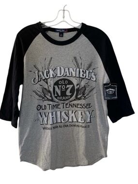 Jack Daniels Whisky Men’s Raglan T Shirt Grey Black Crew Neck Cotton Licensed